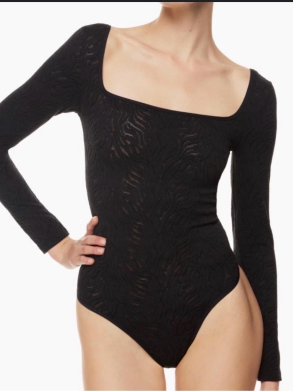 Aritzia Babaton Black Long-Sleeve Square-Neck Textured Bodysuit